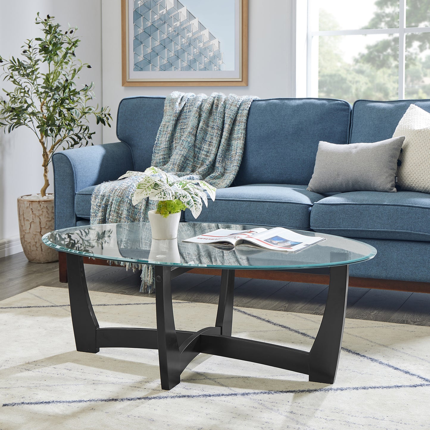 48 Inch Oval Glass Coffee Table, Black Round Coffee Table Center Table With Glass Top