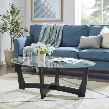 48 Inch Oval Glass Coffee Table, Black Round Coffee Table Center Table With Glass Top