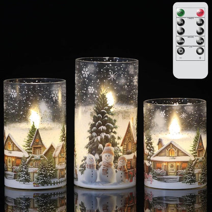 Velas de cristal sin llama de casa de muñeco de nieve a pilas, con control remoto y temporizador