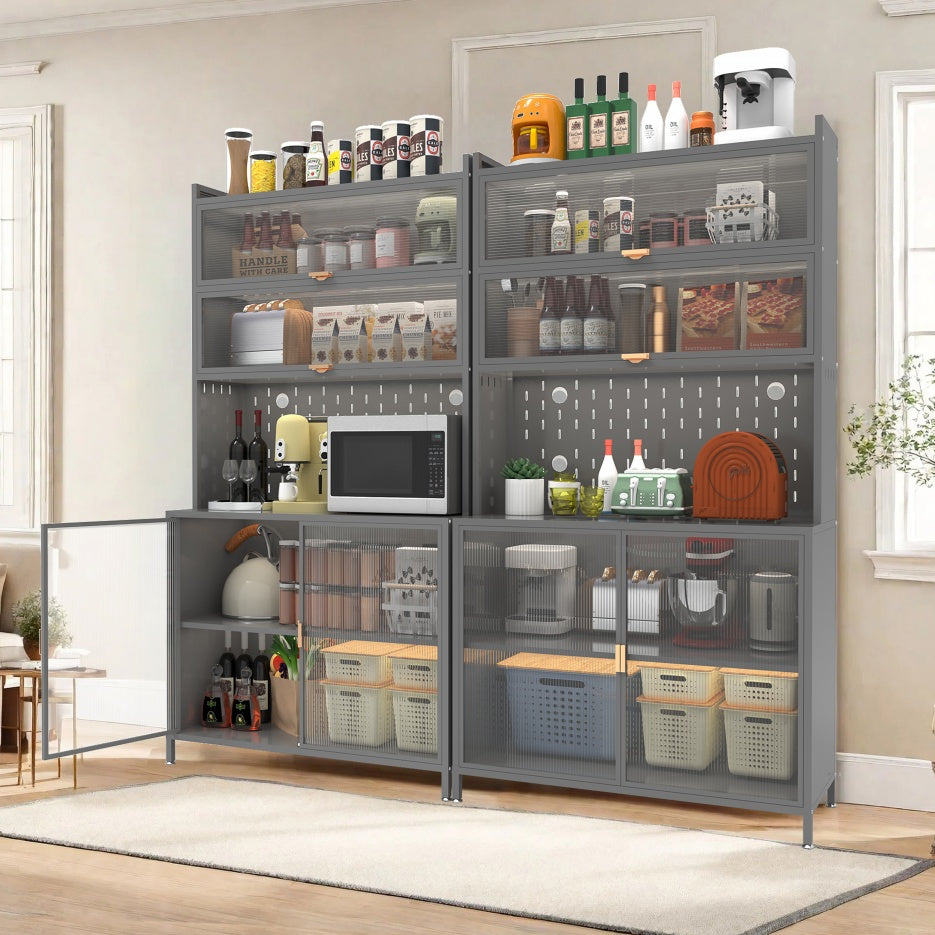 73'' Tall Kitchen Pantry Cabinet , 6 Level Flip Door With Pegboard Spacious, Adjustable & Stylish Metal Pantry Storage Cabinet, Anti-Tip Design Hutch For Kitchen, Dining Room, Living Room Grey