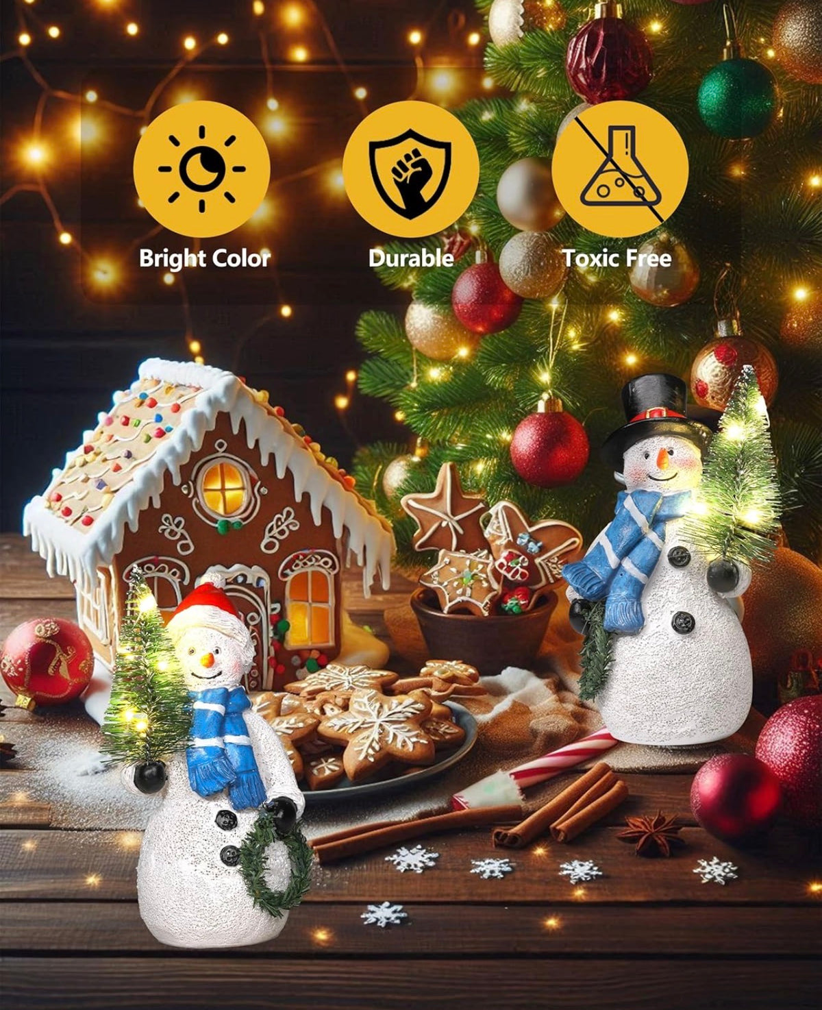 Duo - Figuras de muñeco de nieve de resina de 5 pulgadas con corona de árbol de Navidad iluminada