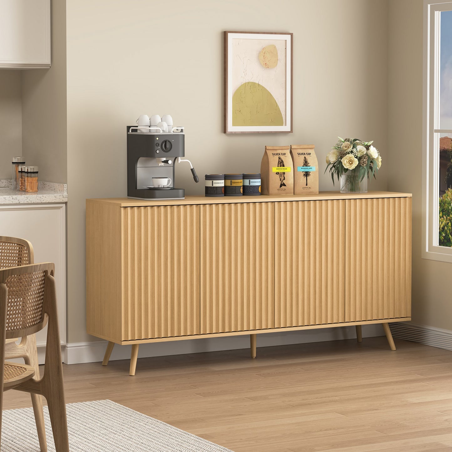 Aparador Buffet Moderno con 4 Puertas y Repisas Ajustables.