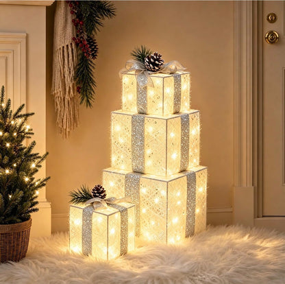 Juego de 4 cajas de regalo iluminadas de Navidad, juego de regalo con luz preiluminada