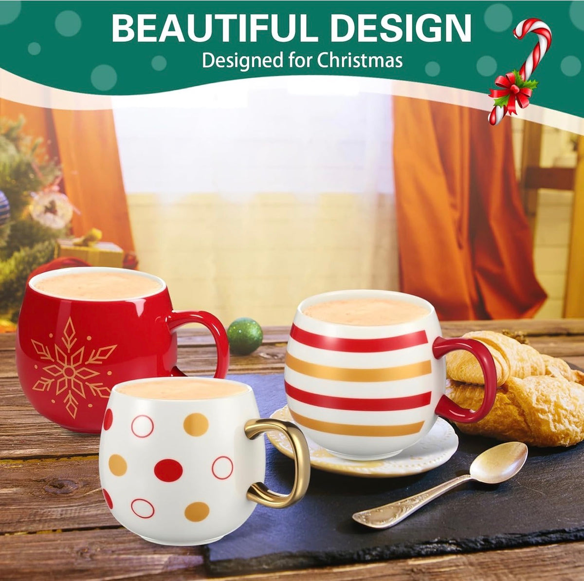 Juego de 6 tazas de Navidad, bolas de Navidad, taza de café, color dorado, rojo