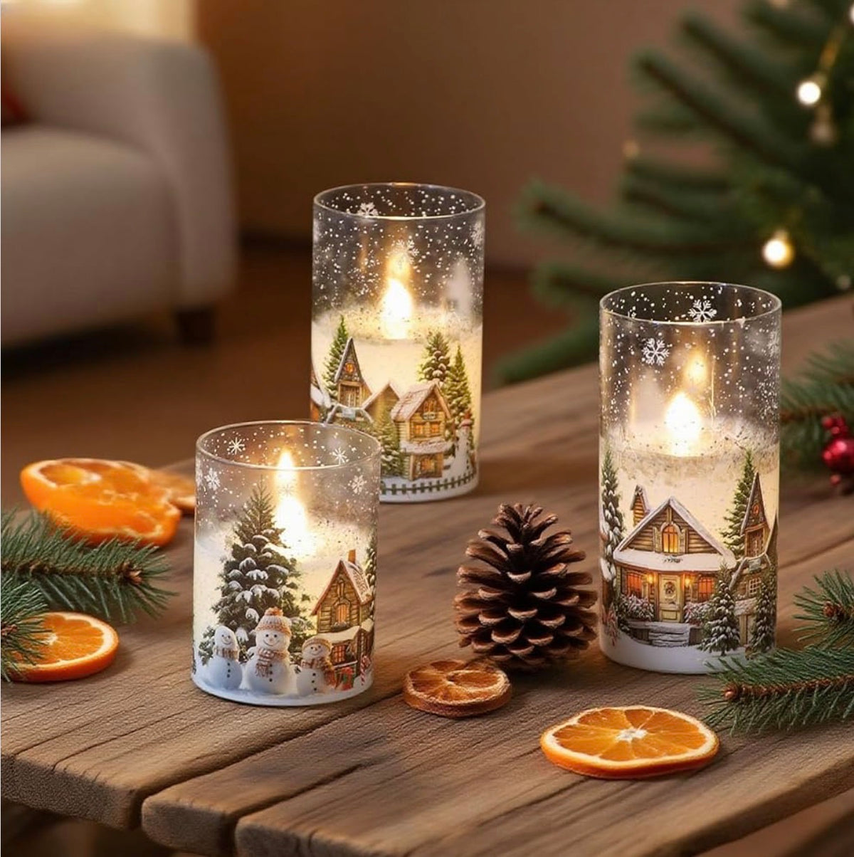 Velas de cristal sin llama de casa de muñeco de nieve a pilas, con control remoto y temporizador