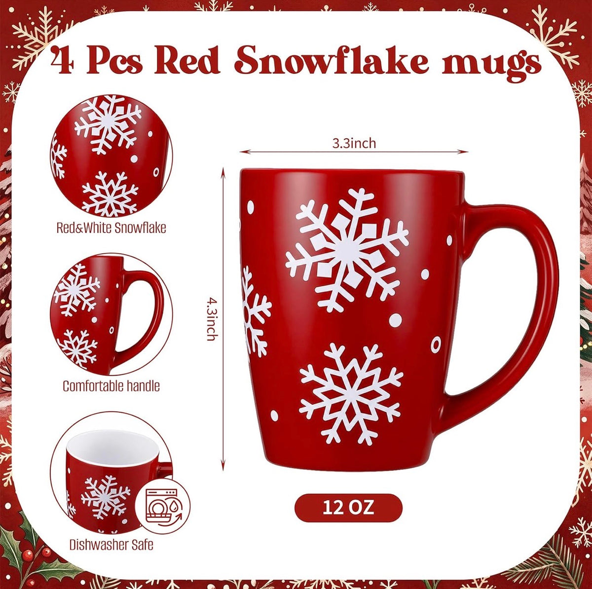 Juego de 4 tazas de cerámica de copo de nieve para regalo, 12 onzas