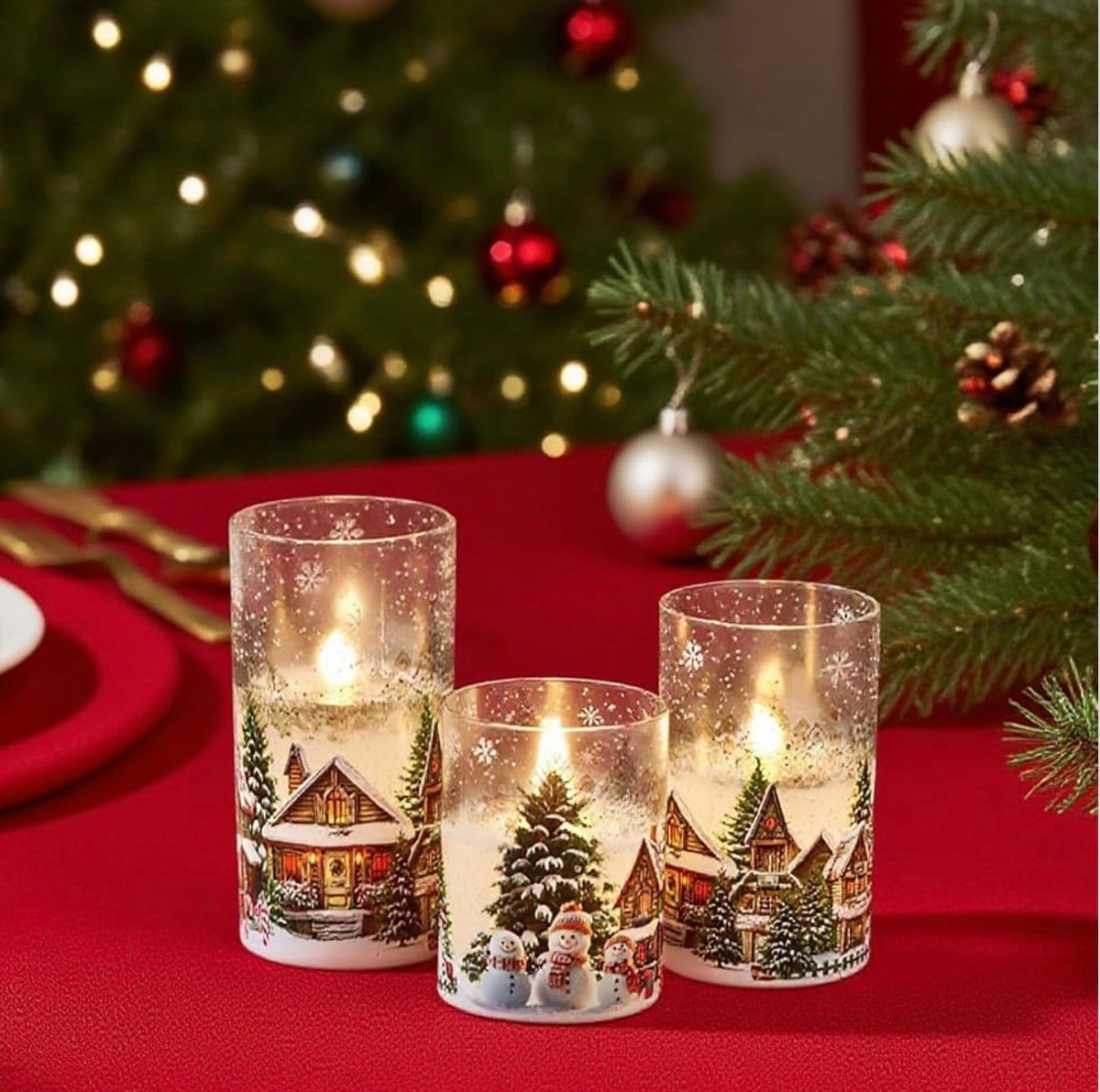 Velas de cristal sin llama de casa de muñeco de nieve a pilas, con control remoto y temporizador