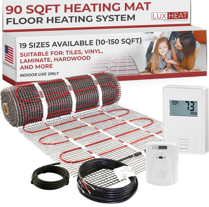 Kit de alfombrillas de 90 pies cuadrados, sistema eléctrico de calefacción radiante de 120 V para azulejos y laminados. Kit de calefacción de suelo incluye alfombrilla calefactora, alarma