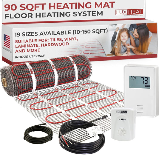 Kit de alfombrillas de 90 pies cuadrados, sistema eléctrico de calefacción radiante de 120 V para azulejos y laminados. Kit de calefacción de suelo incluye alfombrilla calefactora, alarma