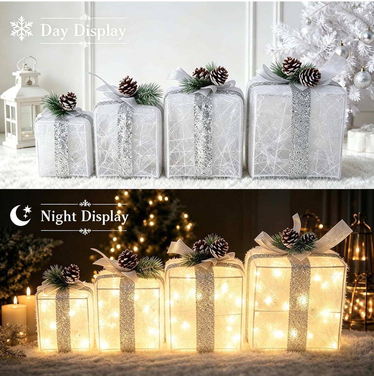 Juego de 4 cajas de regalo iluminadas de Navidad, juego de regalo con luz preiluminada