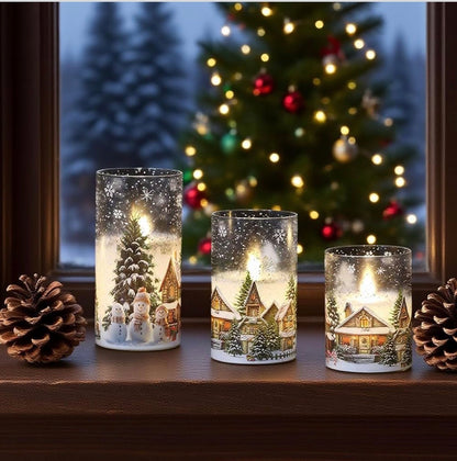 Velas de cristal sin llama de casa de muñeco de nieve a pilas, con control remoto y temporizador
