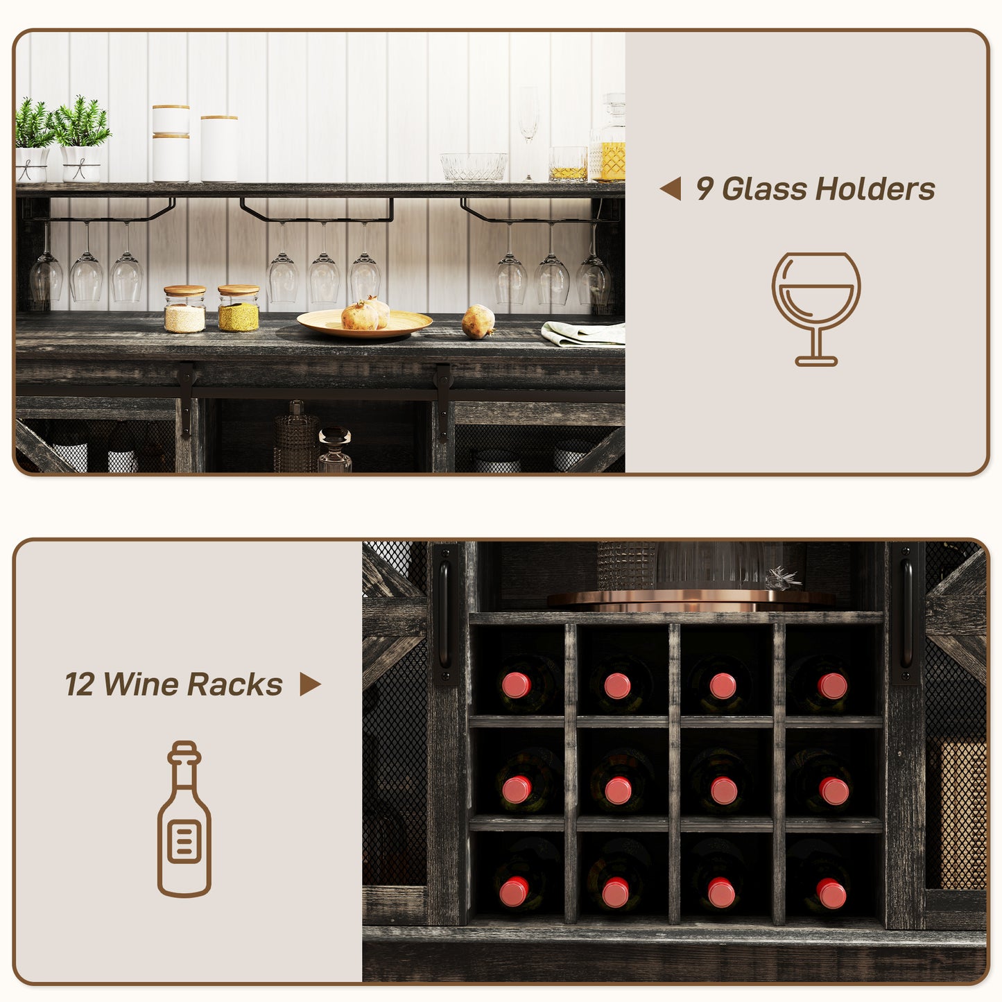 55" Coffee Bar Cabinet with Lights, Farmhouse Wine Cabinet with Wine and Glass Racks for Kitchen, Dining Room, Brown