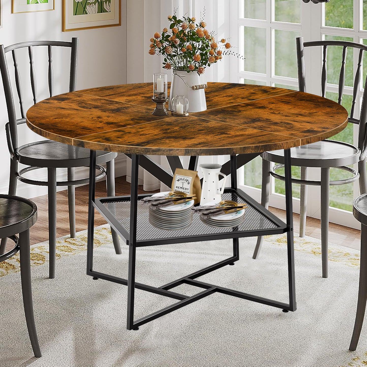 51inch Round Dining Table For 4-6  Tiger Stripes Black Wooden Dining
