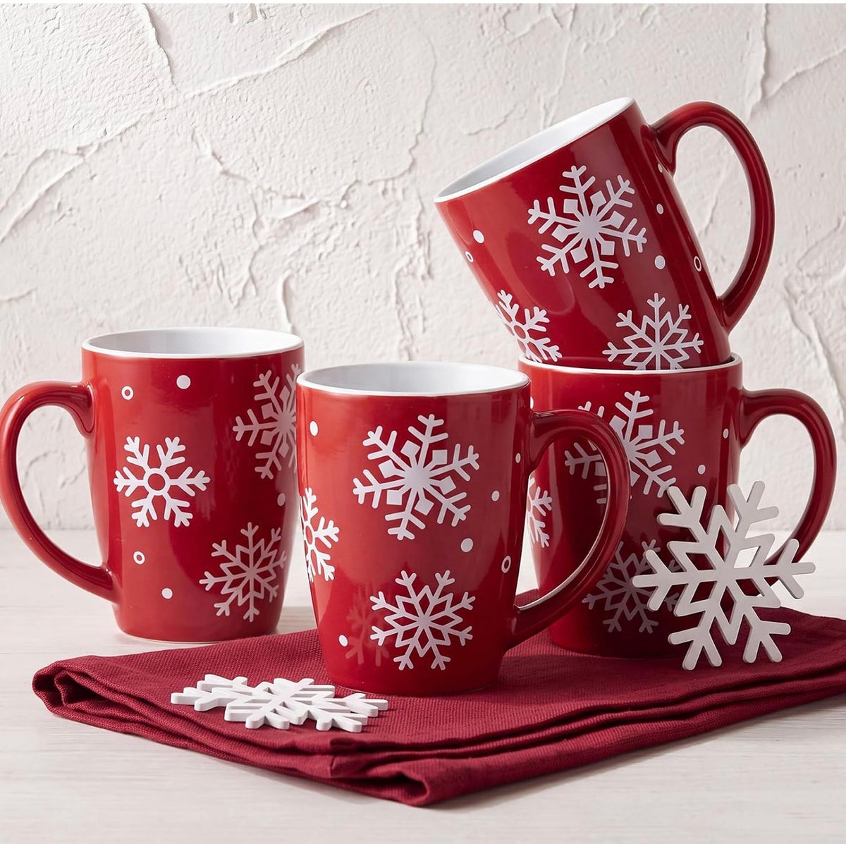 Juego de 4 tazas de cerámica de copo de nieve para regalo, 12 onzas