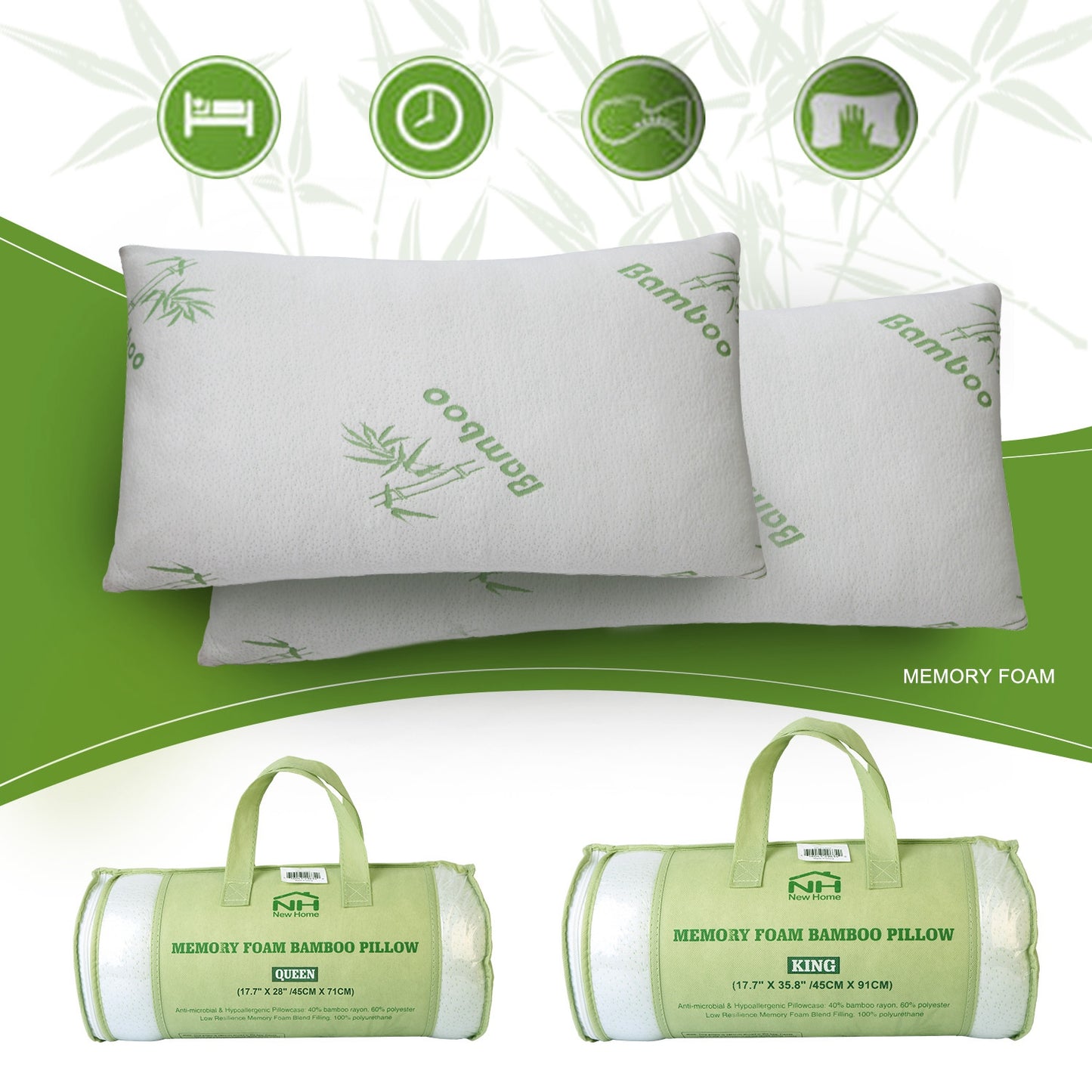 2Pcs Or 1Pcs Bamboo Memory Foam Pillow Hypoallergenic