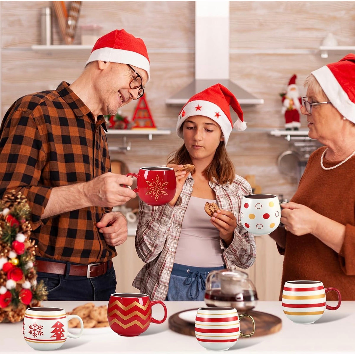 Juego de 6 tazas de Navidad, bolas de Navidad, taza de café, color dorado, rojo
