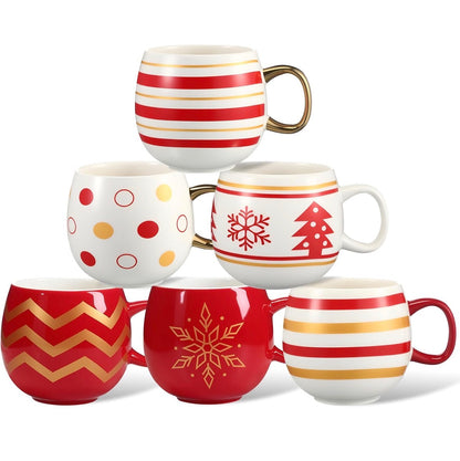 Juego de 6 tazas de Navidad, bolas de Navidad, taza de café, color dorado, rojo