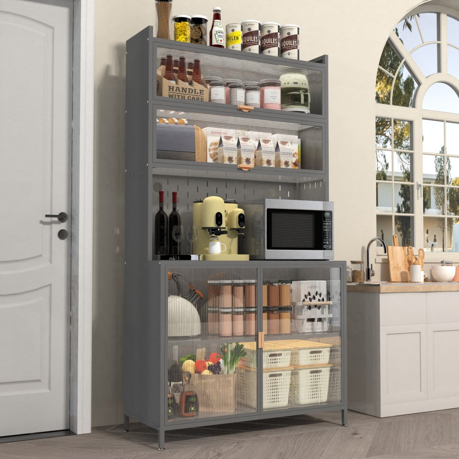 73'' Tall Kitchen Pantry Cabinet , 6 Level Flip Door With Pegboard Spacious, Adjustable & Stylish Metal Pantry Storage Cabinet, Anti-Tip Design Hutch For Kitchen, Dining Room, Living Room Grey
