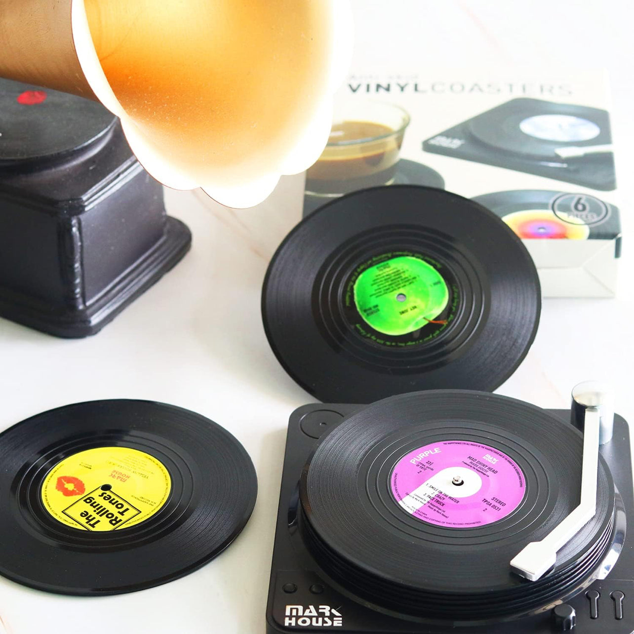 Divertidos posavasos retro para bebidas con soporte para reproductor de vinilo para amantes de la música, juego de 6 posavasos