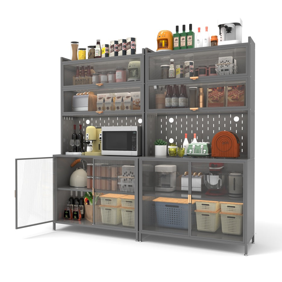 73'' Tall Kitchen Pantry Cabinet , 6 Level Flip Door With Pegboard Spacious, Adjustable & Stylish Metal Pantry Storage Cabinet, Anti-Tip Design Hutch For Kitchen, Dining Room, Living Room Grey
