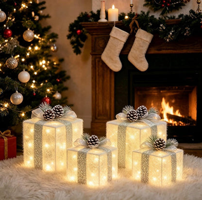 Juego de 4 cajas de regalo iluminadas de Navidad, juego de regalo con luz preiluminada