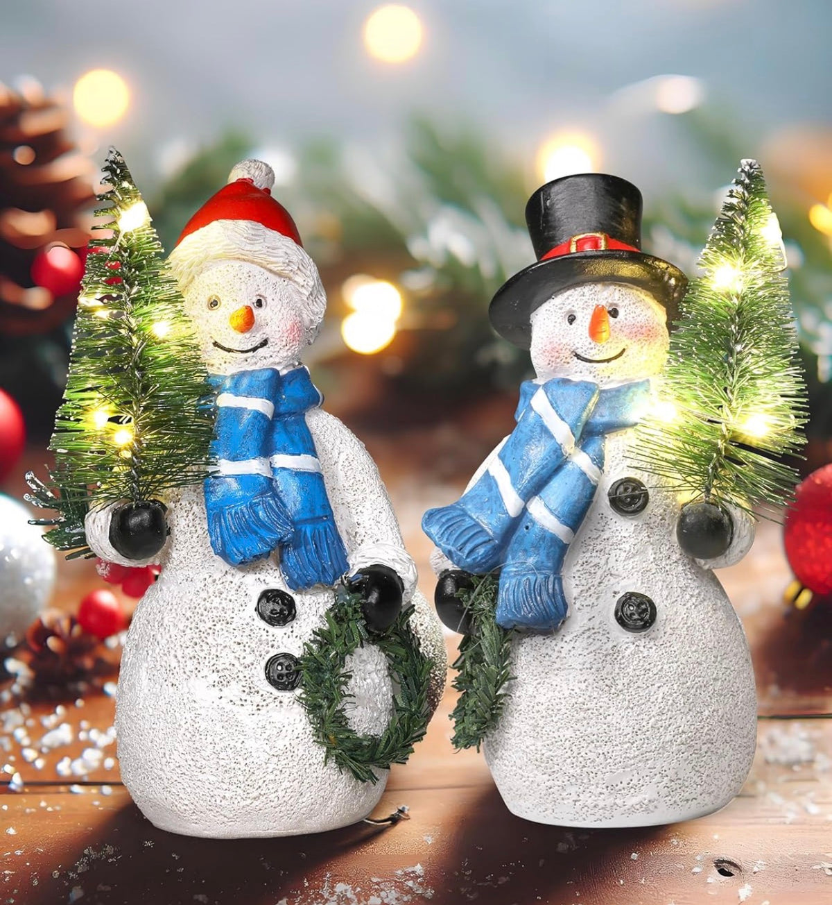 Duo - Figuras de muñeco de nieve de resina de 5 pulgadas con corona de árbol de Navidad iluminada