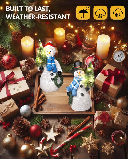 Duo - Figuras de muñeco de nieve de resina de 5 pulgadas con corona de árbol de Navidad iluminada