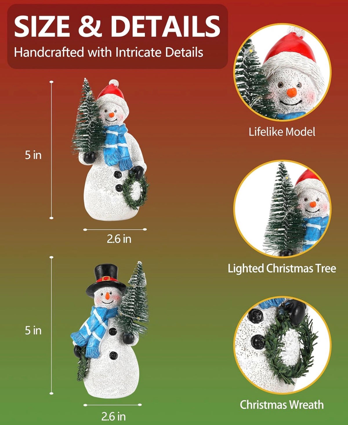 Duo - Figuras de muñeco de nieve de resina de 5 pulgadas con corona de árbol de Navidad iluminada