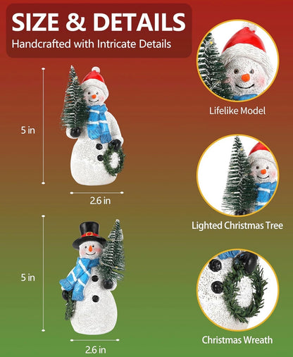 Duo - Figuras de muñeco de nieve de resina de 5 pulgadas con corona de árbol de Navidad iluminada