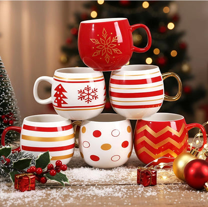 Juego de 6 tazas de Navidad, bolas de Navidad, taza de café, color dorado, rojo