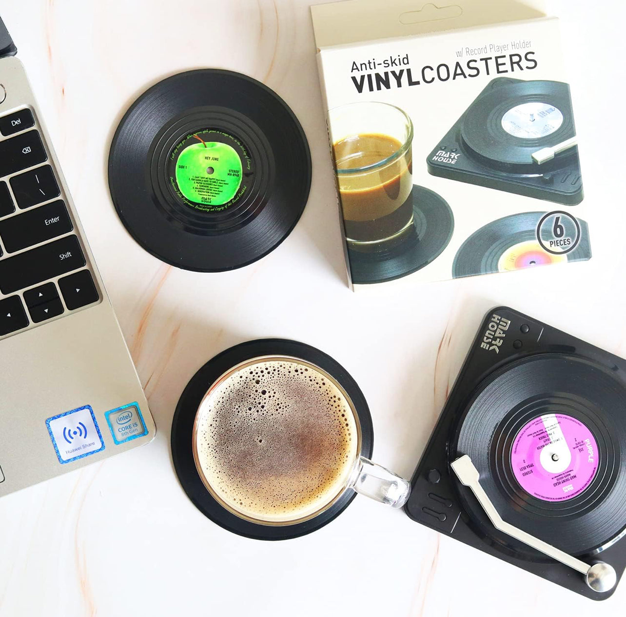 Divertidos posavasos retro para bebidas con soporte para reproductor de vinilo para amantes de la música, juego de 6 posavasos