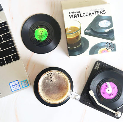 Divertidos posavasos retro para bebidas con soporte para reproductor de vinilo para amantes de la música, juego de 6 posavasos