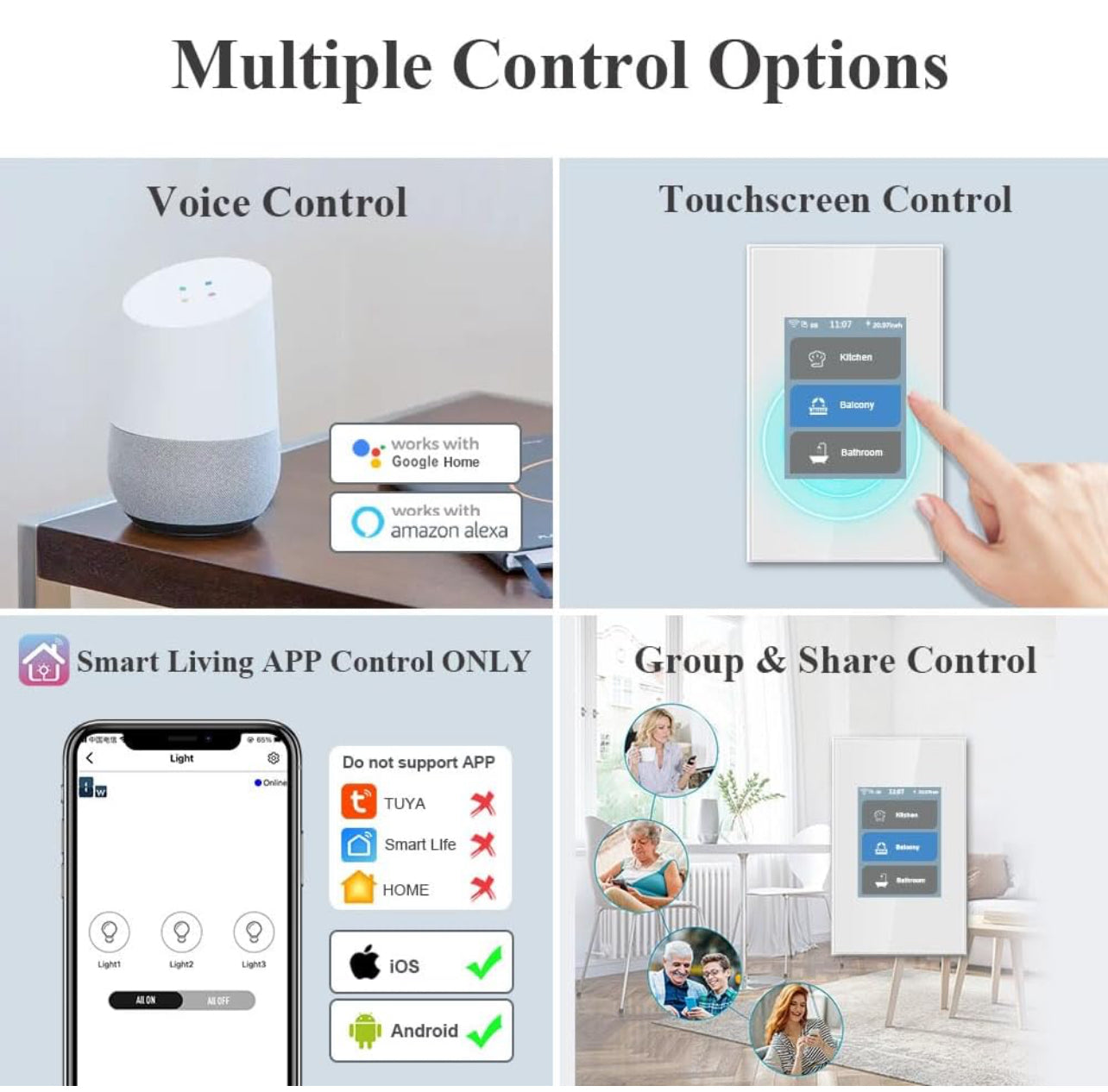 LANBON Interruptor de luz inteligente con pantalla táctil para controlar diferentes habitaciones como cocina y dormitorios.
