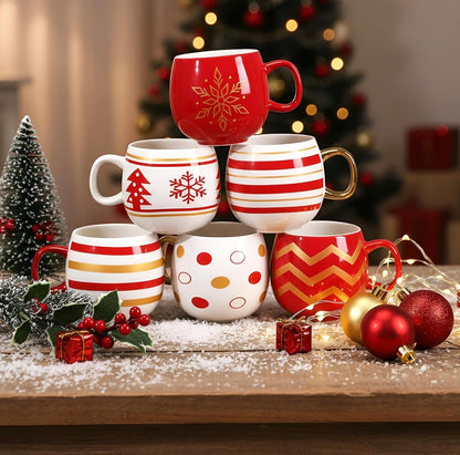 Juego de 6 tazas de Navidad, bolas de Navidad, taza de café, color dorado, rojo