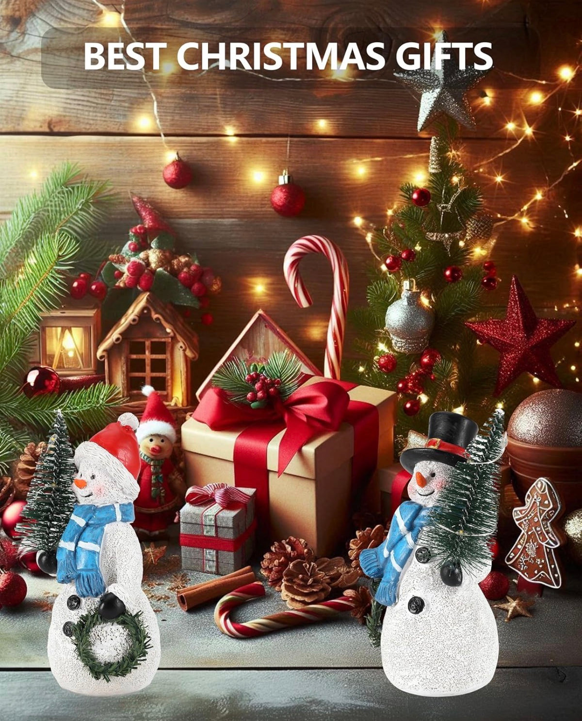 Duo - Figuras de muñeco de nieve de resina de 5 pulgadas con corona de árbol de Navidad iluminada