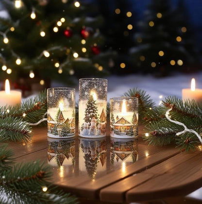 Velas de cristal sin llama de casa de muñeco de nieve a pilas, con control remoto y temporizador