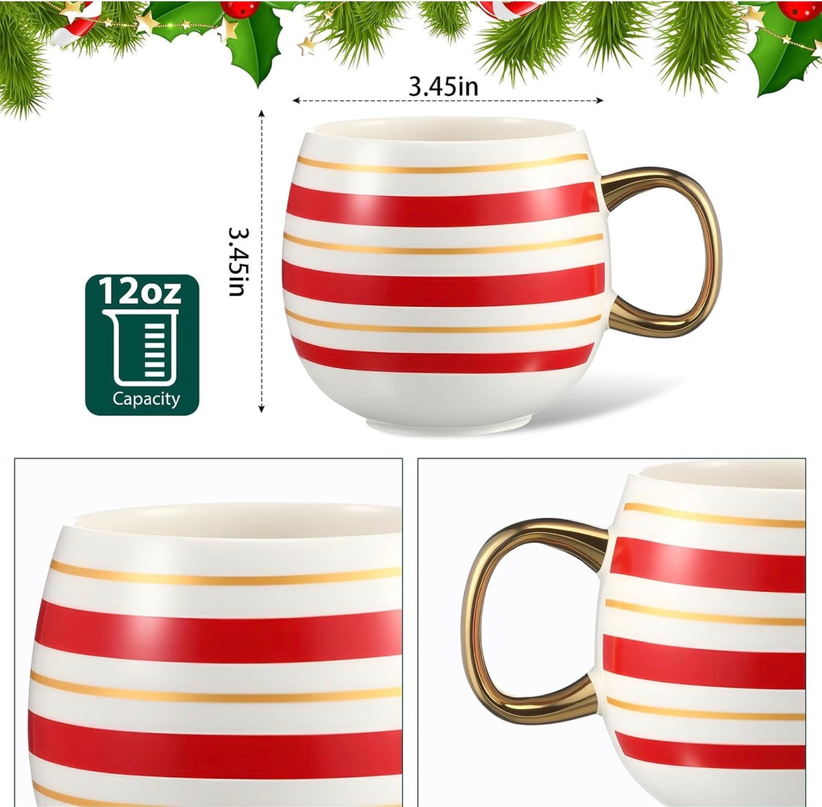 Juego de 6 tazas de Navidad, bolas de Navidad, taza de café, color dorado, rojo