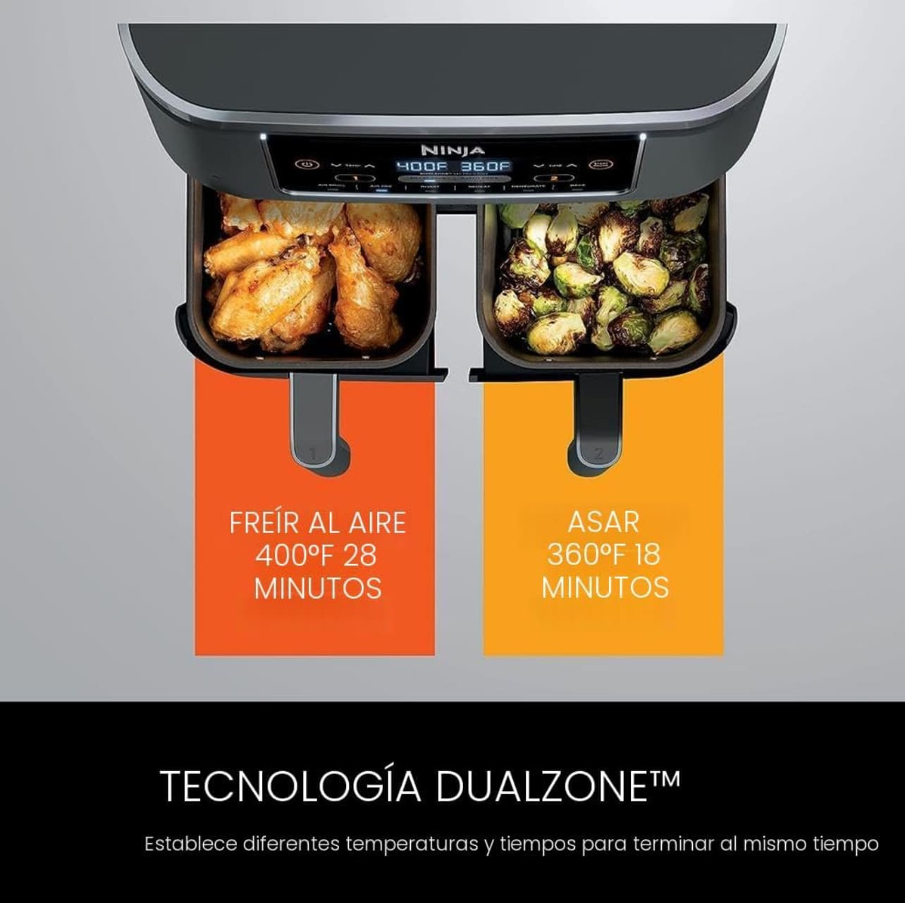 Ninja DZ201 Foodi - Freidora de aire 6 en 1 DualZone de 8 cuartos de galón con 2 cestas de freír independientes