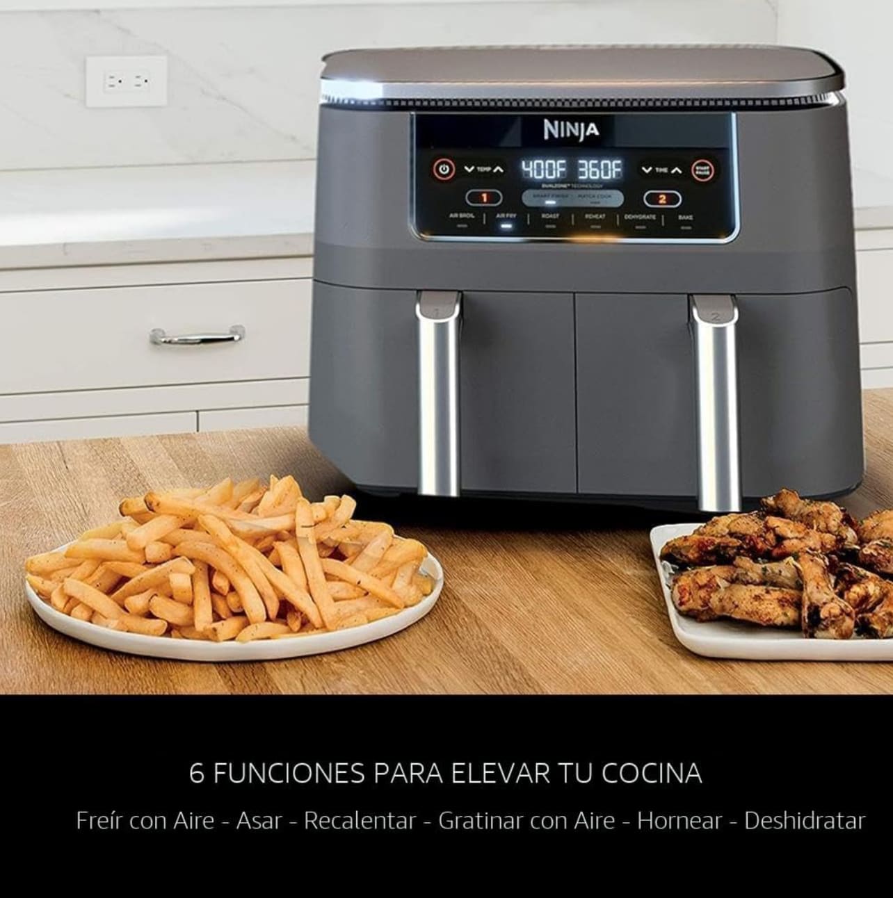 Ninja DZ201 Foodi - Freidora de aire 6 en 1 DualZone de 8 cuartos de galón con 2 cestas de freír independientes