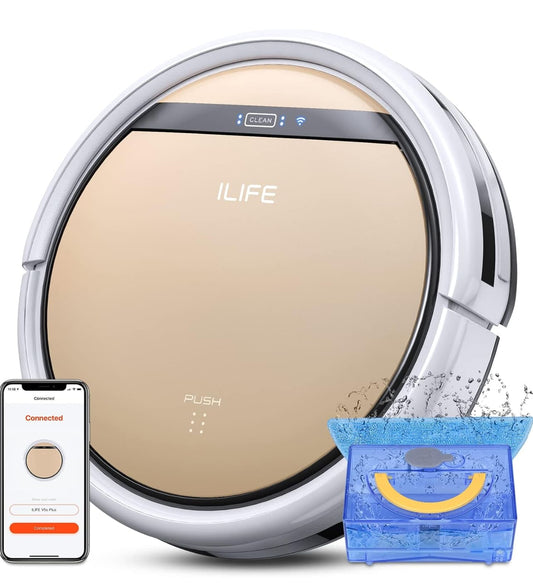 ILIFE V5s Plus - Robot aspirador y trapeador combinado con Wi-Fi/App/Alexa, aspiradora robótica automática de carga automática, delgada y silenciosa, limpia alfombras de pisos duros y pelo de mascotas