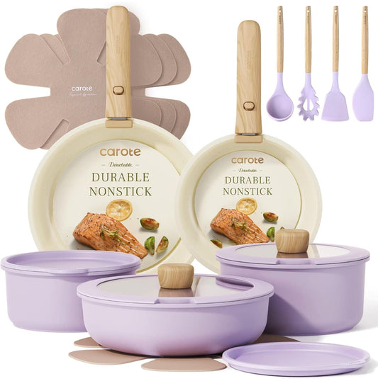 CAROTE Juego de ollas y sartenes antiadherentes con utensilios de cocina, color púrpura y diseño duradero.
