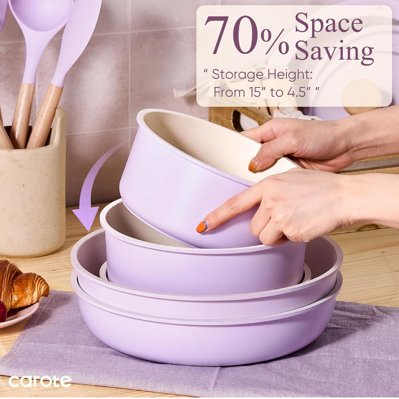 CAROTE Juego de ollas y sartenes antiadherentes con utensilios de cocina, color púrpura y diseño duradero.