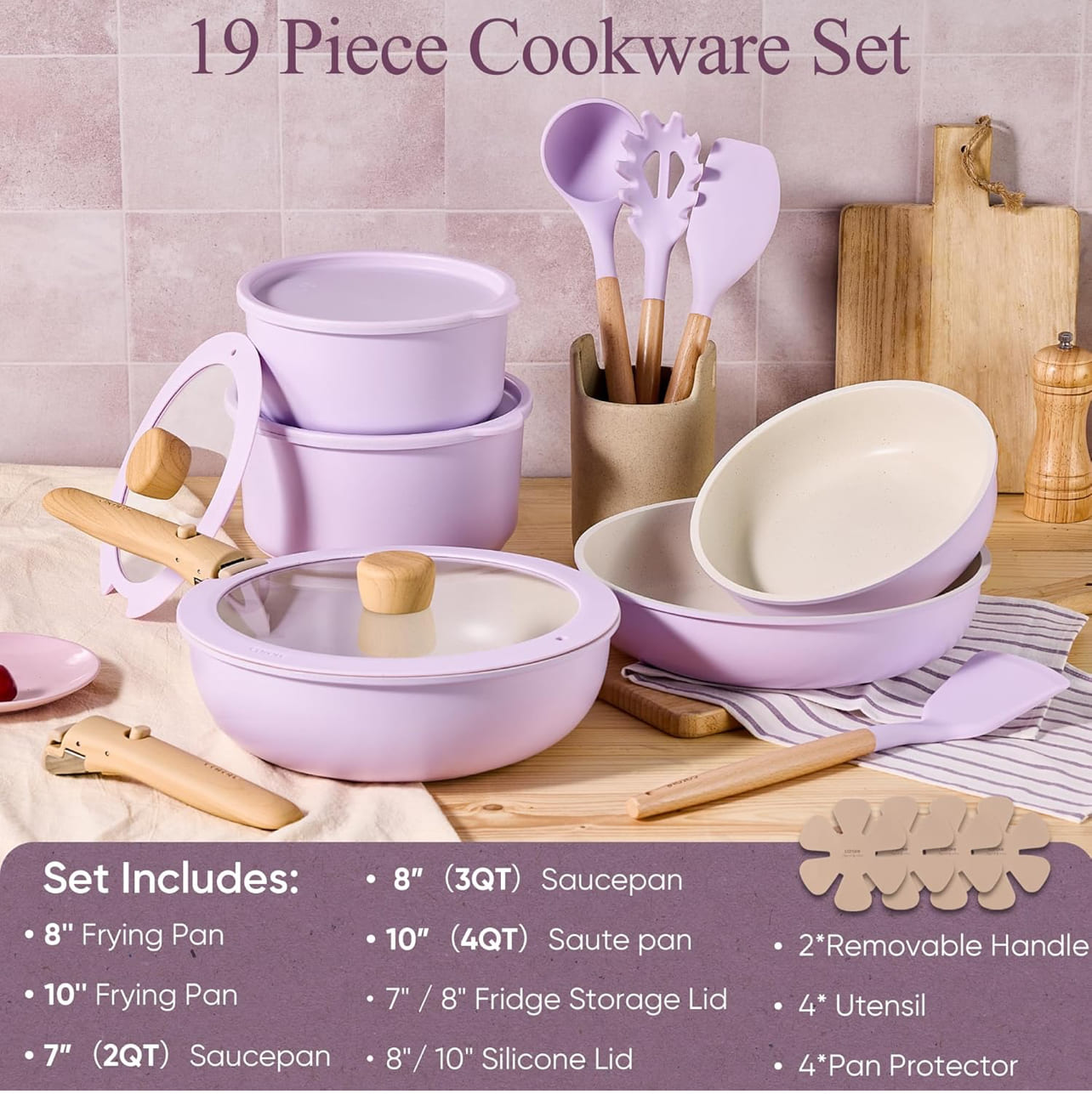 CAROTE Juego de ollas y sartenes antiadherentes con utensilios de cocina, color púrpura y diseño duradero.