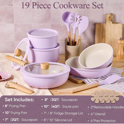 CAROTE Juego de ollas y sartenes antiadherentes con utensilios de cocina, color púrpura y diseño duradero.