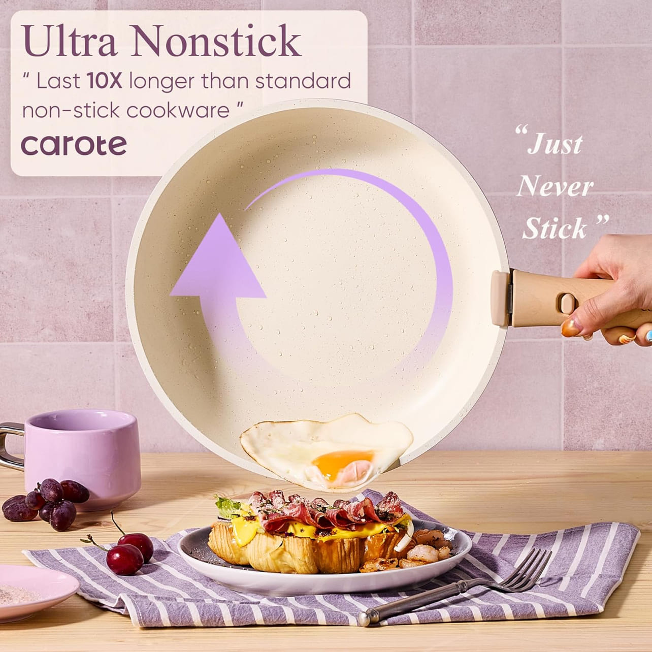 CAROTE Juego de ollas y sartenes antiadherentes con utensilios de cocina, color púrpura y diseño duradero.