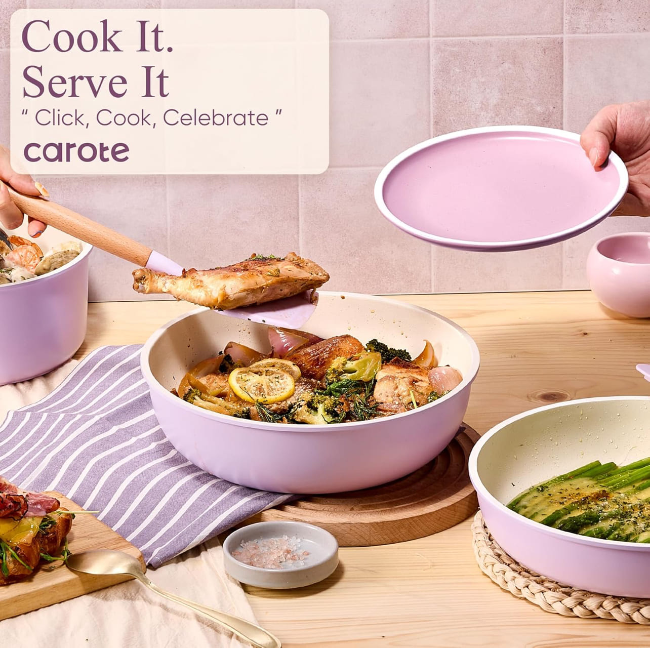 CAROTE Juego de ollas y sartenes antiadherentes con utensilios de cocina, color púrpura y diseño duradero.