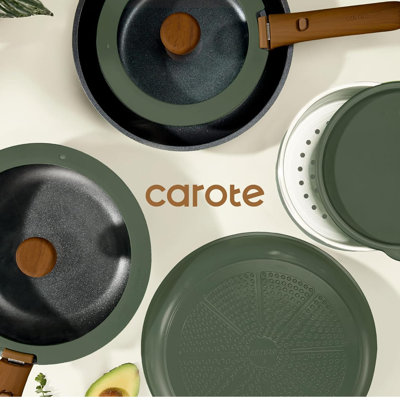 CAROTE Juego de 15 piezas de ollas y sartenes, juego de utensilios de cocina no pegajosos.
