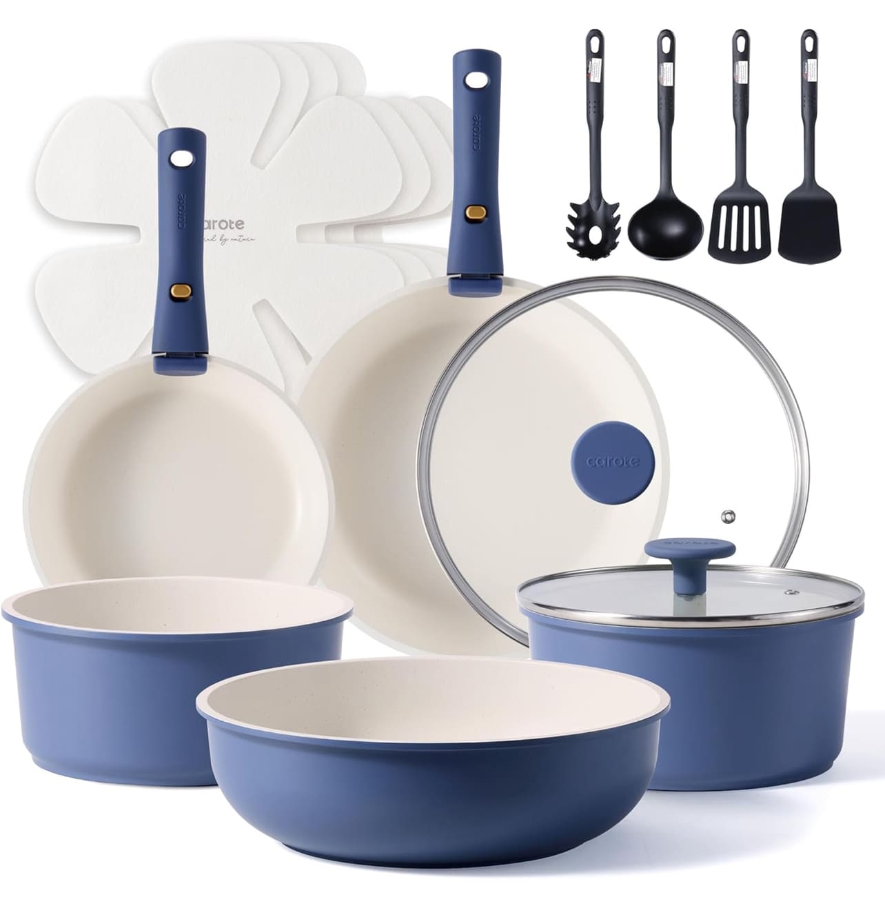 CAROTE Juego de 17 piezas de ollas y sartenes con utensilios de cocina en colores azul y blanco.