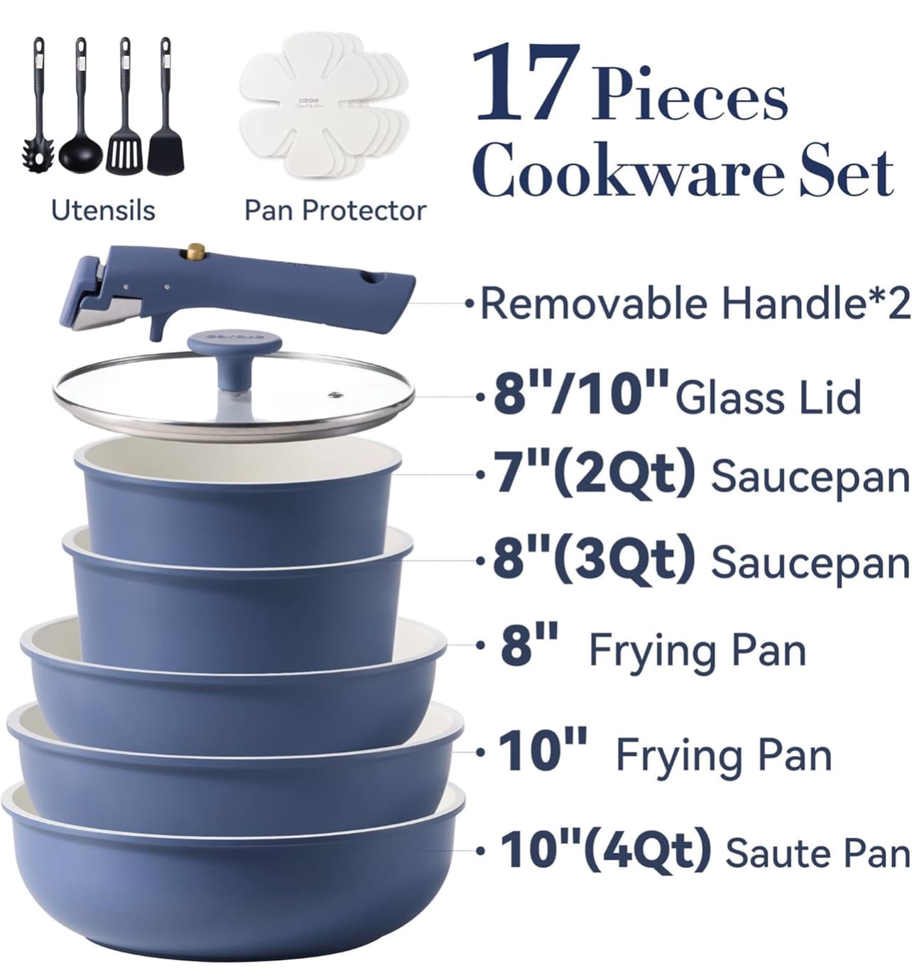 CAROTE Juego de 17 piezas de ollas y sartenes con utensilios de cocina en colores azul y blanco.