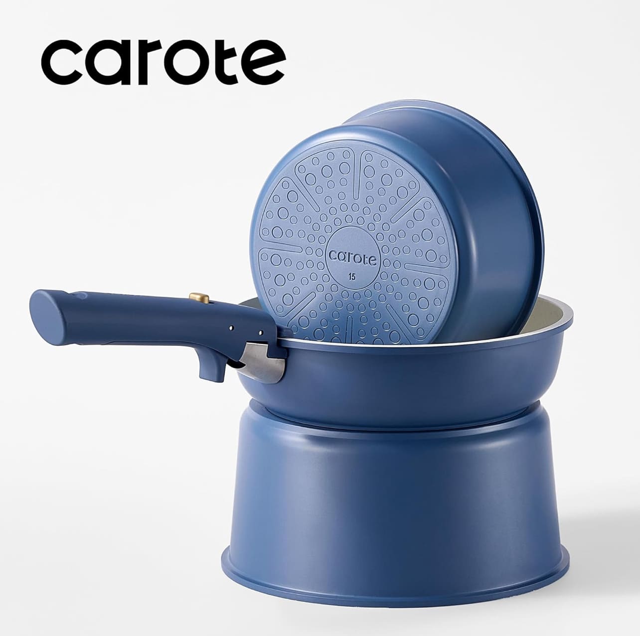 CAROTE Juego de 17 piezas de ollas y sartenes con utensilios de cocina en colores azul y blanco.